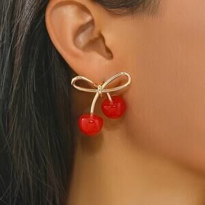 NEW Coquette Gold Bow Stud Earrings with Cherry, y2k jewelry, Cherry jewelry